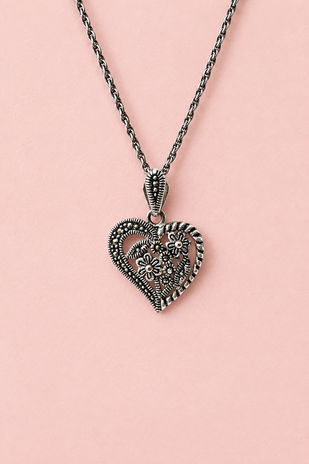 Romantic Marcasite Heart Sterling Necklace