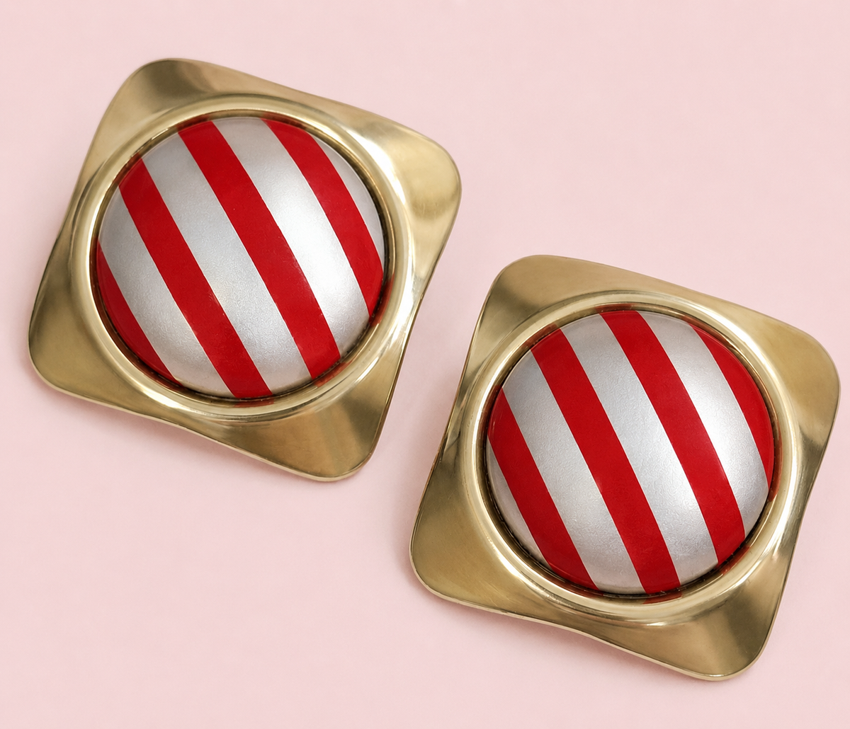 Cool retro Red Striped Gold-tone Post Earrings