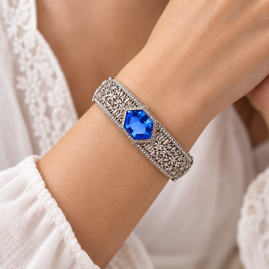 Authentic Vintage Filigree Statement Hinged Bracelet with Sapphire Blue Crystal