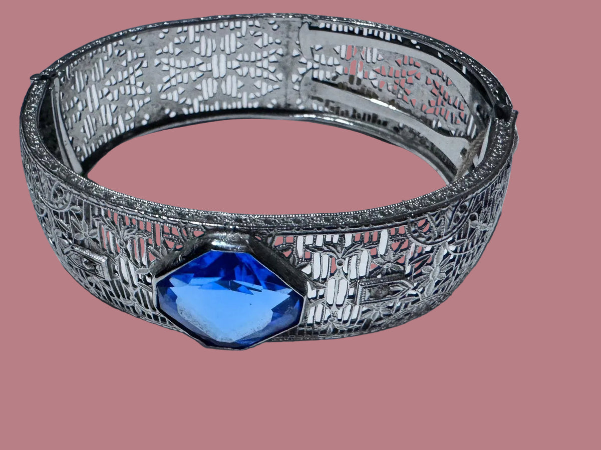 Authentic Vintage Filigree Statement Hinged Bracelet with Sapphire Blue Crystal