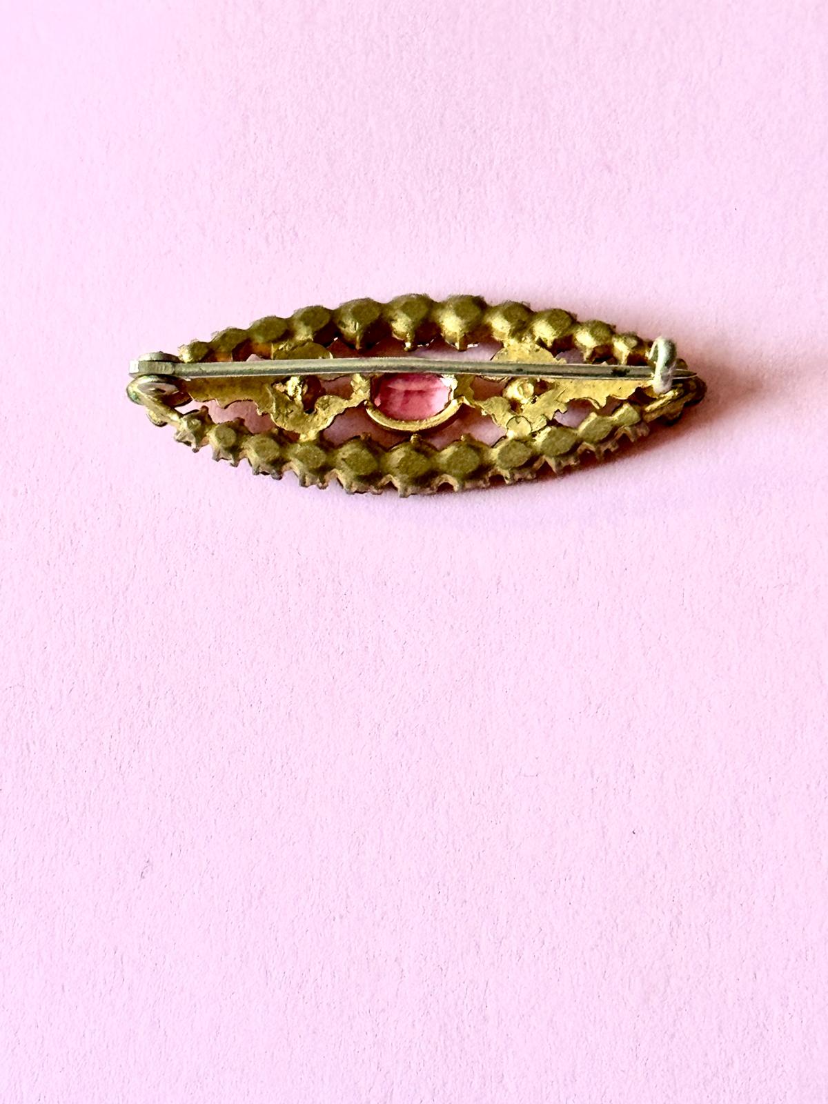 Very Lovely Translucent, Pink Blush, And Crystals Prong Set In Gold Fill Victorian Pin