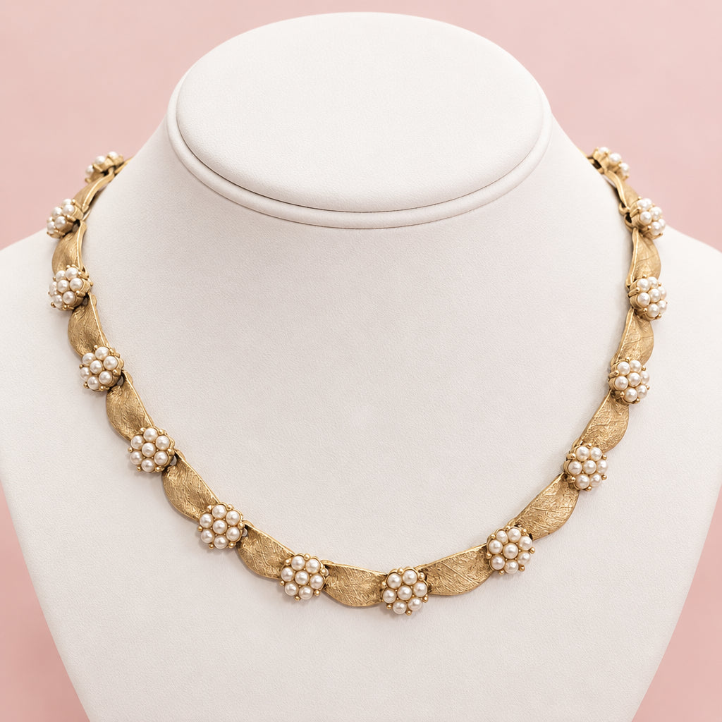 Whisper Of Romance Vintage Crown Trifari Pearl & Gold Ribbon Choker