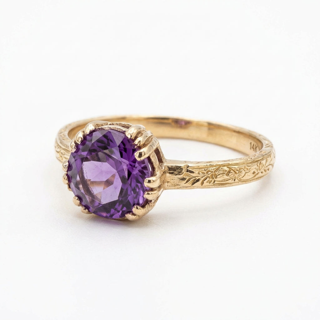 Velvet Light plum, genuine amethyst prong set in 9K gold ring