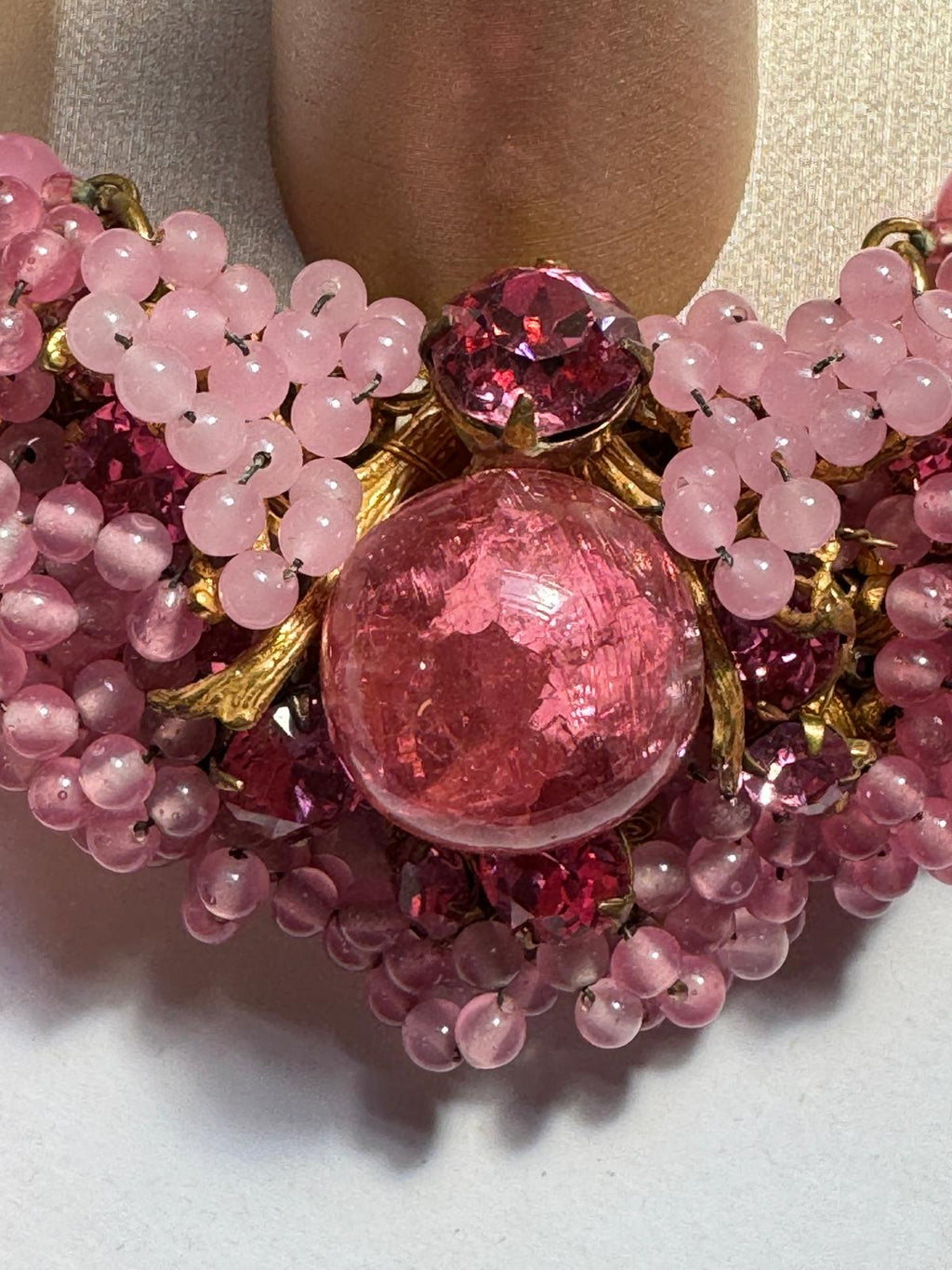 1950s Miriam Haskell Pink Art Glass Demi-Parure — Hand-Wired Necklace & Decadent Hollywood Glam Bracelet Set