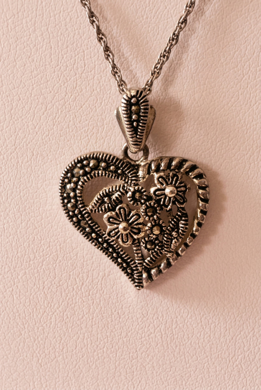 Romantic Marcasite Heart Sterling Necklace