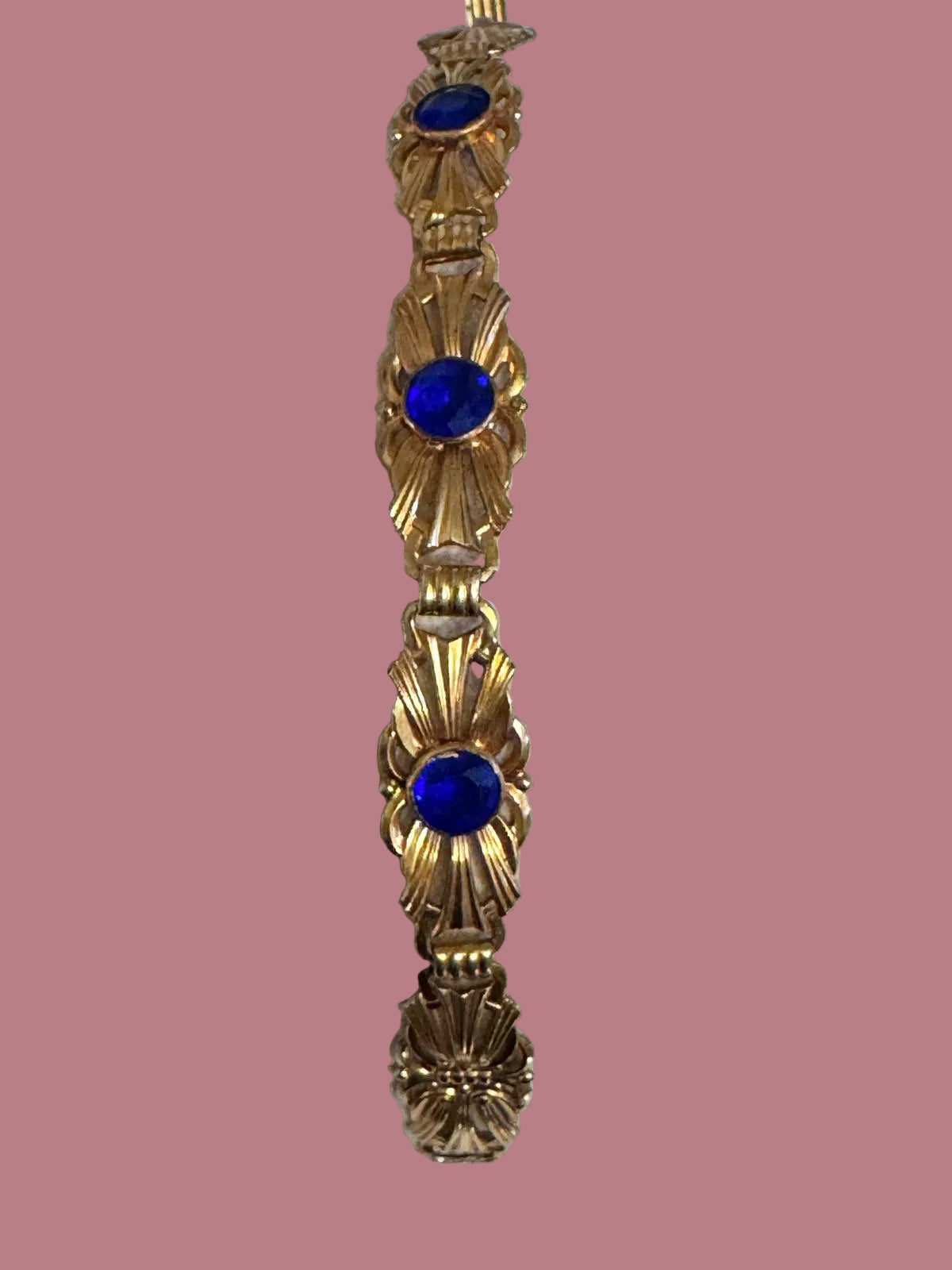 Striking Art Deco Blue Rhinestone Gold-Filled Link Bracelet