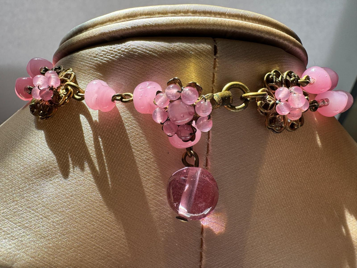 1950s Miriam Haskell Pink Art Glass Demi-Parure — Hand-Wired Necklace & Decadent Hollywood Glam Bracelet Set