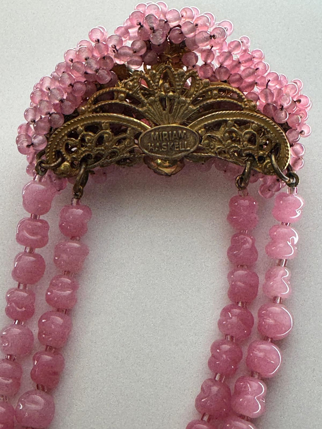 1950s Miriam Haskell Pink Art Glass Demi-Parure — Hand-Wired Necklace & Decadent Hollywood Glam Bracelet Set