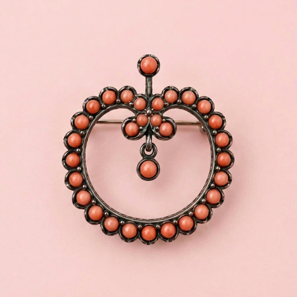Victorian Pin With Coral Cabochons Set In Sterling