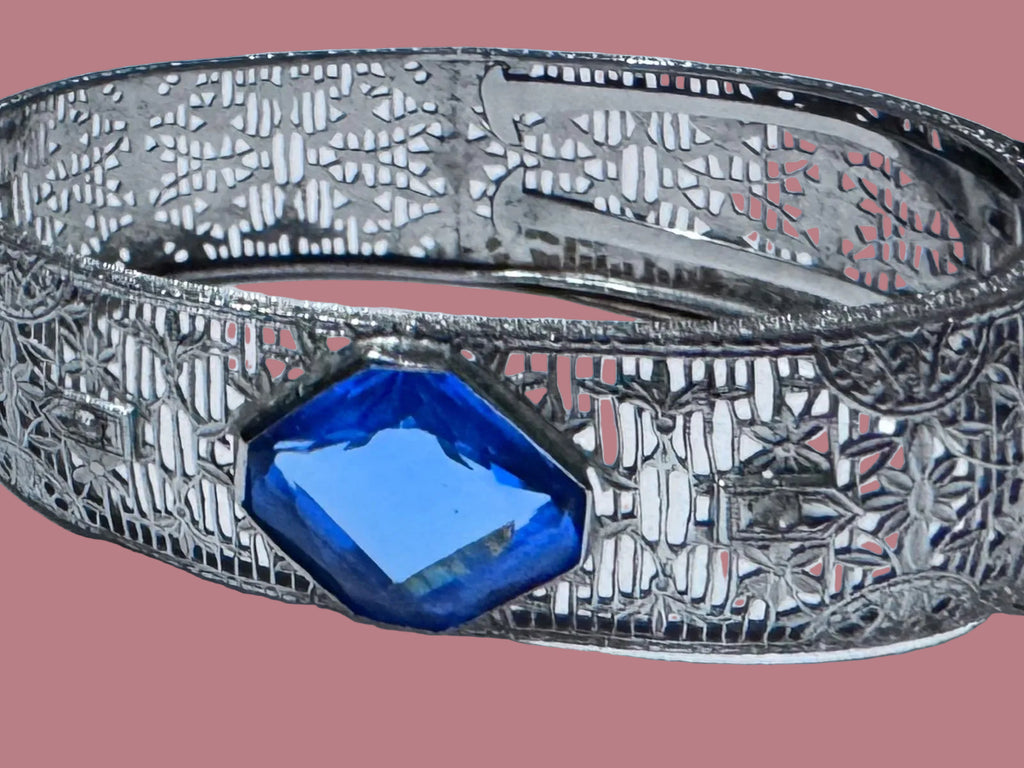 Authentic Vintage Filigree Statement Hinged Bracelet with Sapphire Blue Crystal