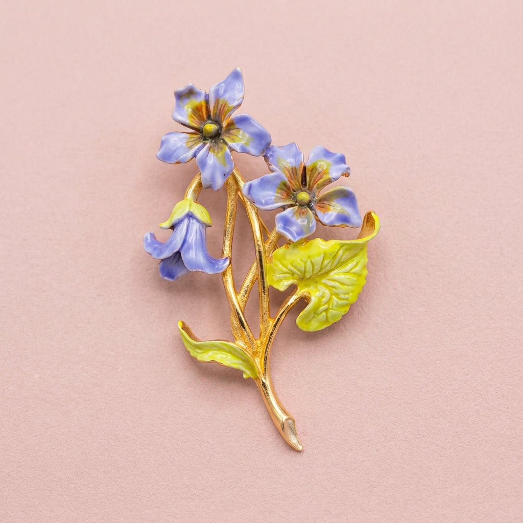 14K Gold Plated & Enameled Violet Bouquet Brooch