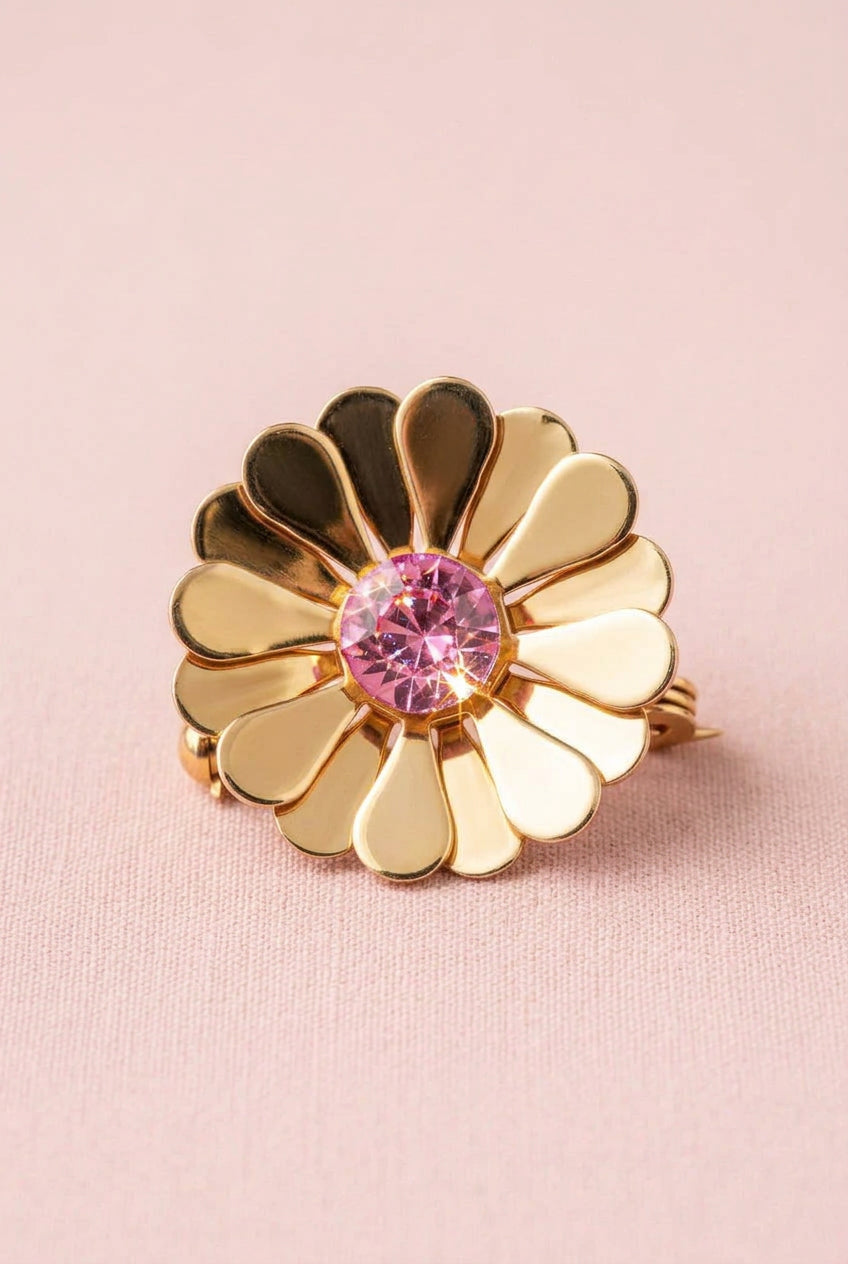Poetic Elegance Gold Filled Pink Crystal Floral Motif Pin