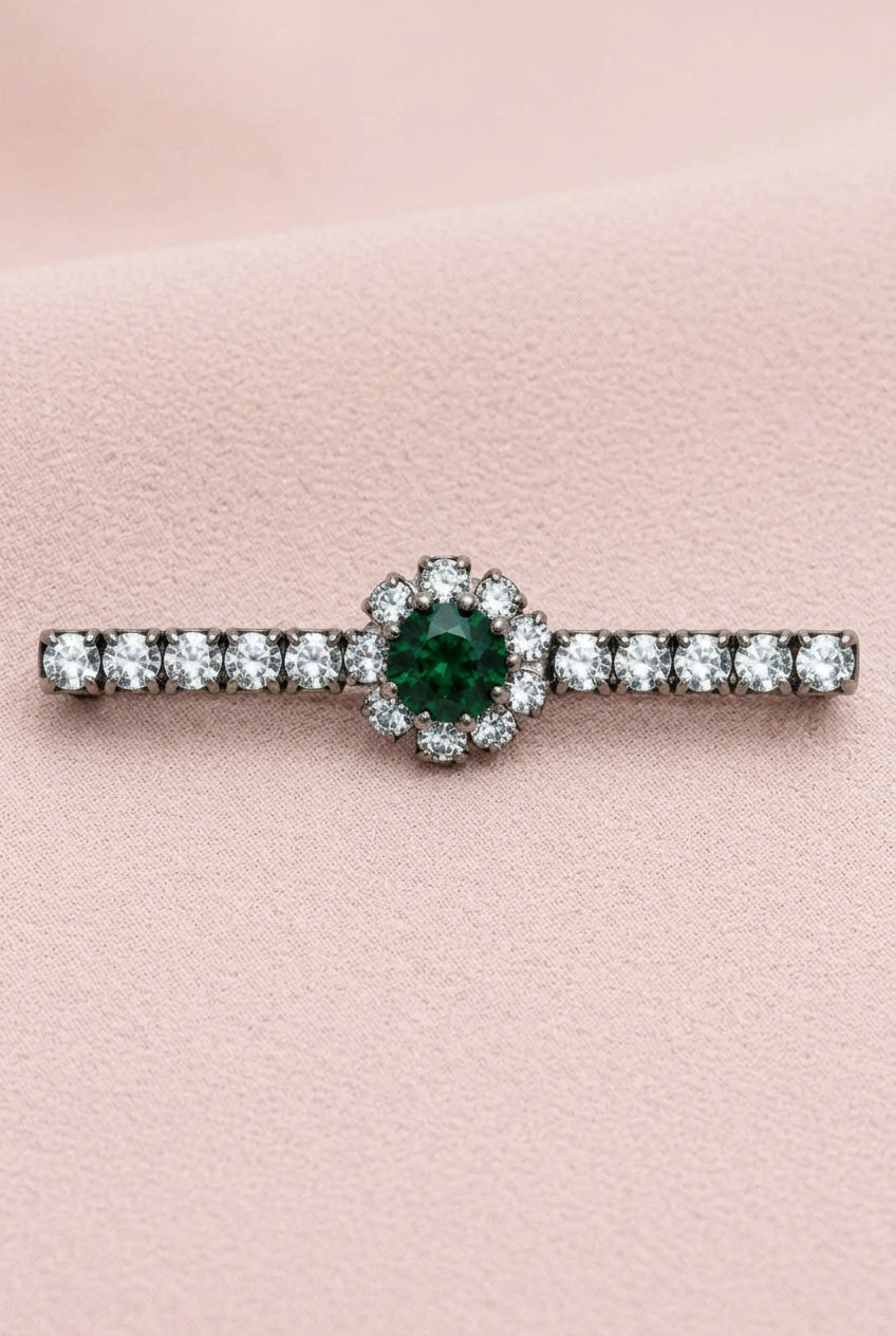 Faux Emerald Radiance & Starlight: A Romantic Mid-Century Bar Brooch