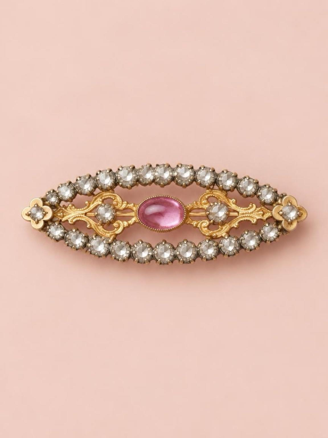 Very Lovely Translucent, Pink Blush, And Crystals Prong Set In Gold Fill Victorian Pin