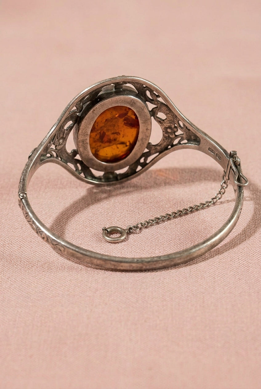 Enchanting Vintage Amber & Sterling Silver Floral Bracelet