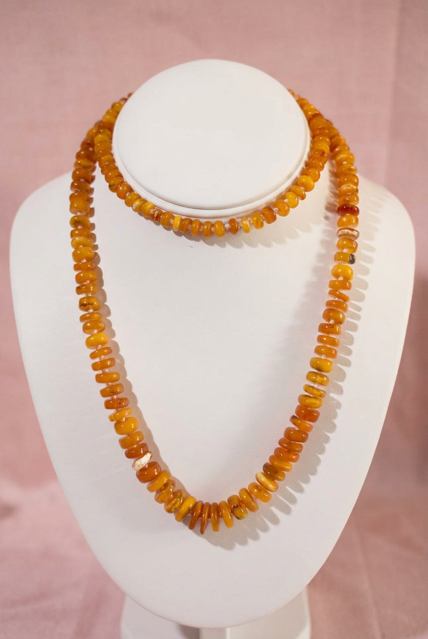 Organic And Unbelievable Beauty Genuine Authentic Amber Yolk, Butterscotch + White Carved Graduated + Polished Beaded Necklace