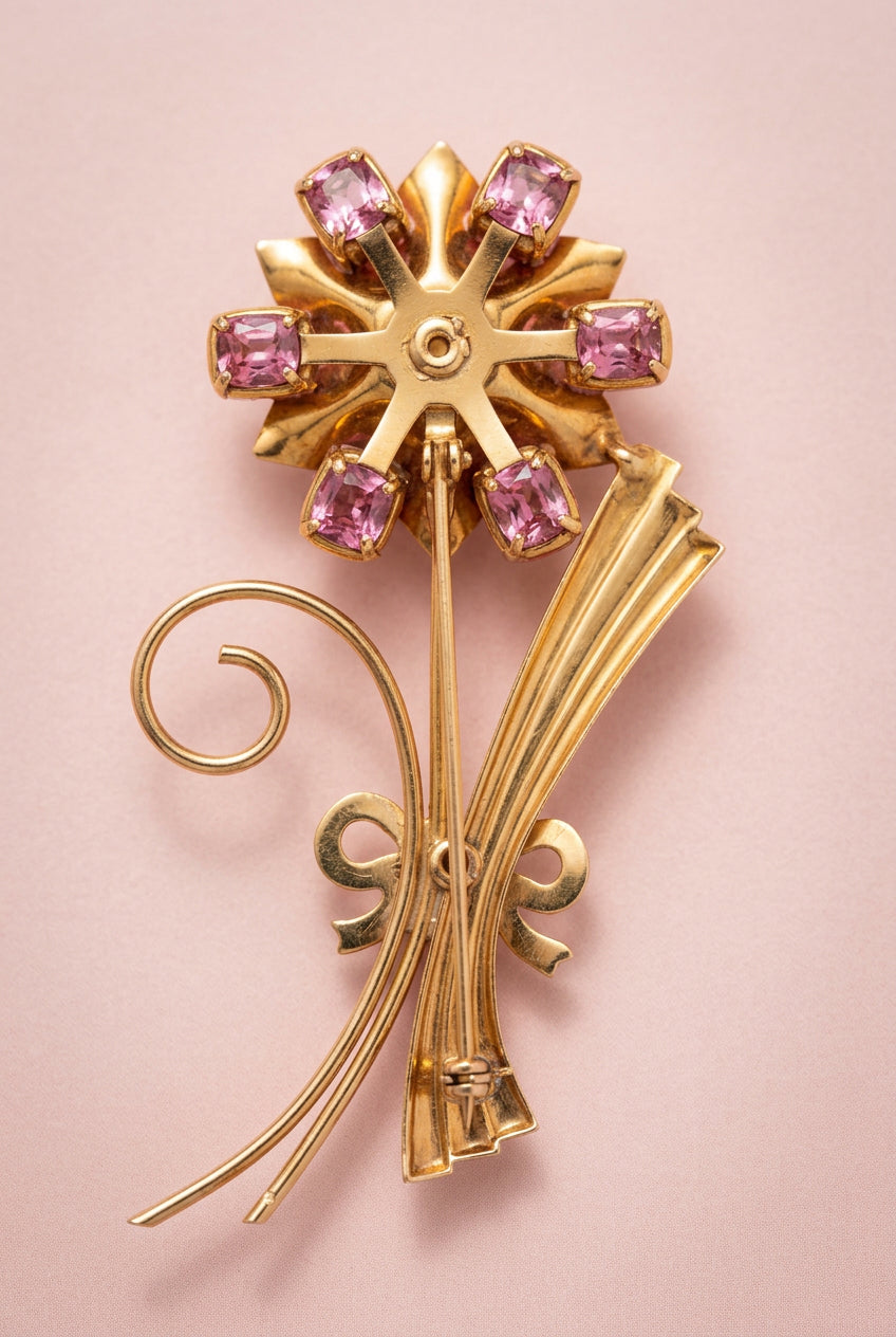 Astonishing, Art Deco, red crystal floral motif brooch