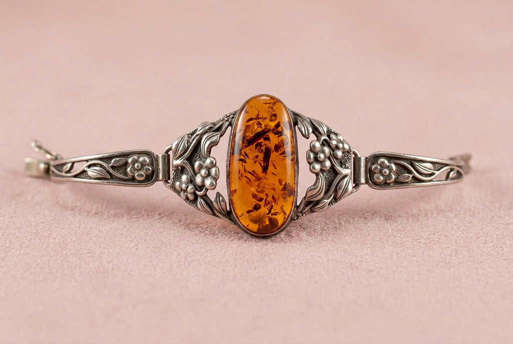Enchanting Vintage Amber & Sterling Silver Floral Bracelet