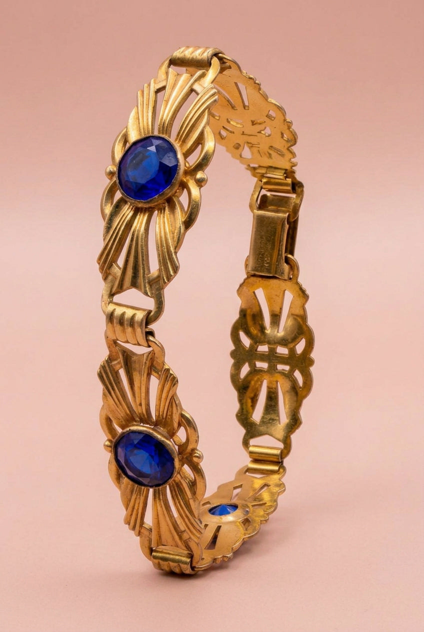 Striking Art Deco Blue Rhinestone Gold-Filled Link Bracelet