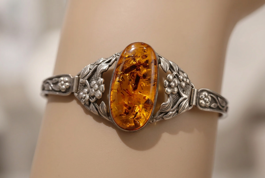 Enchanting Vintage Amber & Sterling Silver Floral Bracelet