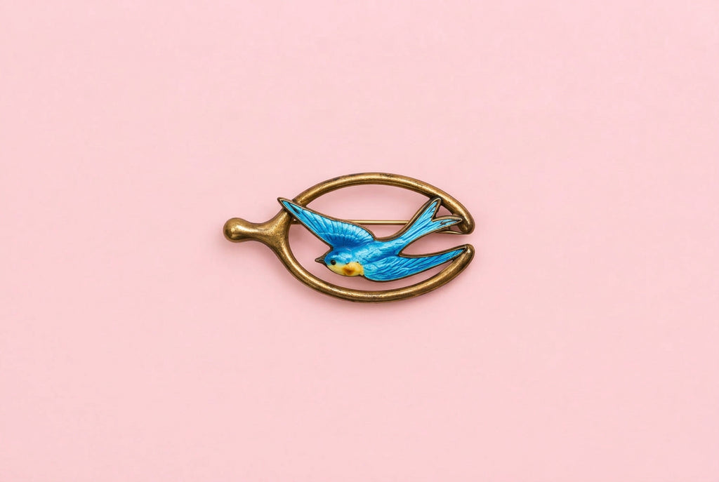 Antique-Victorian Era-Petite Blue Guilloche Enameled Swallow Bird Pin In Flight On a Gold Tone Wishbone